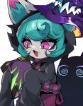  1girl :d absurdres beseunaj-jamjaneun_gemdol-i black_hoodie book ears_through_headwear green_hair highres holding holding_book hood hood_up hoodie league_of_legends open_mouth pants pink_eyes purple_headwear rabadon&#039;s_deathcap red_pants short_hair sleeves_past_fingers sleeves_past_wrists slit_pupils smile solo vex_(league_of_legends) vex_shadow_(league_of_legends) white_background 