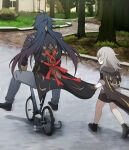 1boy 1girl aged_down ahoge back back_bow bicycle black_coat black_footwear black_gloves black_skirt blade_(honkai:_star_rail) blue_hair boots bow child coat comedy dark_blue_hair english_commentary gloves gradient_hair grass grey_hair grey_pants hair_ornament highres honkai:_star_rail honkai_(series) hood hooded_coat lix_(iroiro3843) long_hair long_sleeves meme multicolored_hair outdoors pants purple_hair red_bow riding riding_bicycle road running shadow shirt shoes sitting skirt stelle_(honkai:_star_rail) t-shirt trailblazer_(honkai:_star_rail) tree white_shirt window