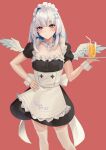  1girl absurdres amane_kanata apron blue_hair blush breasts closed_mouth colored_inner_hair commentary_request cup feathered_wings feet_out_of_frame hand_on_own_hip highres holding holding_tray hololive long_hair looking_at_viewer maid maid_apron maid_headdress multicolored_hair neck_garter pink_background pink_hair puffy_short_sleeves puffy_sleeves short_sleeves simple_background single_hair_intake small_breasts smallpine_7 solo standing streaked_hair thigh-highs tray violet_eyes virtual_youtuber white_hair white_thighhighs white_wings wings wrist_cuffs 