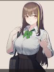  1girl 3_small_spiders bag bow bowtie brown_eyes brown_hair commentary_request girls_frontline green_bow green_bowtie green_hair headphones light_brown_background long_hair looking_at_viewer m4a1_(girls&#039;_frontline) multicolored_hair pleated_skirt shirt shoulder_bag skirt streaked_hair white_shirt 