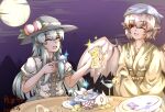  2girls ;d animal_ear_piercing banknote bird_wings black_headwear blue_hair blue_headwear brown_kimono center_frills chinese_commentary commentary_request cup dollar_bill drinking_glass food frills full_moon highres hinanawi_tenshi holding holding_spoon japanese_clothes kimono long_hair long_sleeves looking_at_another money moon multiple_girls mystia_lorelei okamisty one_eye_closed outdoors peach_hat_ornament plate pzgr.40 red_eyes shirt short_hair short_sleeves sidelocks smile spoon touhou touhou_mystia&#039;s_izakaya white_shirt wings 
