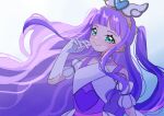 1girl aqua_eyes brooch cure_majesty dress earclip elbow_gloves ellee-chan gloves heart heart_print highres hirogaru_sky!_precure jewelry kuukou_(user_zexk2828) long_hair looking_at_viewer magical_girl precure purple_dress purple_hair simple_background smile solo upper_body white_background white_gloves wing_brooch wing_hair_ornament