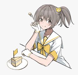  1girl alternate_costume bear_hair_ornament bow cake cake_slice eating fingerless_gloves food fork gloves grey_background grey_eyes grey_hair hair_ornament highres holding holding_fork long_hair nanami:_starfarer_(punishing:_gray_raven) nanami_(punishing:_gray_raven) punishing:_gray_raven sailor_collar school_uniform serafuku shirt short_sleeves solo watchmen-001 white_gloves white_sailor_collar white_shirt yellow_bow 