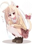  1girl :o ahoge animal_ears blonde_dog_girl_(ri-net) blonde_hair blush bow brown_footwear brown_shirt cat_ears cat_girl cat_tail character_watermark full_body hair_between_eyes hand_up highres loafers long_hair long_sleeves looking_at_viewer original parted_lips paw_pose plaid plaid_skirt puffy_long_sleeves puffy_sleeves red_bow red_eyes red_skirt ri-net sailor_collar school_uniform serafuku shadow shirt shoes skirt solo squatting tail tail_bow tail_ornament thigh-highs tiptoes translation_request twitter_username very_long_hair white_background white_sailor_collar white_thighhighs 