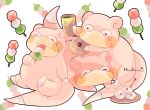  animal_focus artist_name colored_skin commentary_request cup dango eating food hanabusaoekaki highres holding holding_cup no_humans pink_skin pokemon pokemon_(creature) slowpoke tail wagashi white_background 