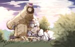  1girl :d absurdres blurry blurry_background cannon chinese_commentary clouds commentary_request full_body grass highres looking_at_viewer merlin_prismriver open_mouth outdoors pink_headwear pzgr.40 short_hair smile solo touhou turret variant_set violet_eyes white_hair 