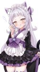  1girl absurdres alternate_costume animal_ears apron arched_bangs cat_ears cat_tail cocozasa frilled_skirt frills grey_hair hair_bun highres hololive licking_lips looking_at_viewer maid_apron maid_headdress murasaki_shion ribbed_thighhighs short_eyebrows single_side_bun skirt smile solo star_(symbol) tail thigh-highs tongue tongue_out virtual_youtuber waist_ribbon yellow_eyes 