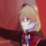  1boy black_jacket blonde_hair bow curtains ensemble_stars! facing_to_the_side hat jacket kiruuuur long_sleeves looking_ahead male_focus mini_hat mini_top_hat multicolored_clothes multicolored_jacket nito_nazuna official_alternate_costume parted_lips puppet_strings red_eyes red_headwear red_jacket red_shirt reminiscence_marionette_(ensemble_stars!) shirt solo teeth top_hat white_bow 