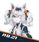  1girl ahoge animal_ears black_hairband blue_eyes character_name chinese_clothes grey_eyes grey_hair hair_ornament hair_over_eyes hairband heterochromia highres long_hair long_sleeves looking_at_viewer mechanical_ears no.21:_feral_scent_(punishing:_gray_raven) no.21_(punishing:_gray_raven) official_alternate_costume official_alternate_hairstyle open_mouth punishing:_gray_raven sidelocks signature solo syukannaduki teeth twintails two_side_up upper_teeth_only white_background wolf_ears 