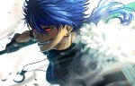  1boy black_gloves blue_hair blurry cu_chulainn_(fate) cu_chulainn_(fate/prototype) fangs fate/grand_order fate_(series) gloves grin hair_between_eyes highres holding holding_polearm holding_weapon jewelry long_hair male_focus matsuyoshi necklace polearm ponytail red_eyes smile spear upper_body weapon white_background 