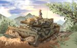  1girl absurdres blonde_hair blue_sky chinese_commentary clouds commentary_request dated full_body highres kurodani_yamame military_vehicle motor_vehicle mountainous_horizon outdoors pzgr.40 short_hair signature sky solo tank touhou vehicle_request wide_shot 