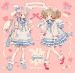  2girls :o ahoge angel angel_wings animal_bag animal_ears ankle_cuffs back_bow bag blue_bow blue_bowtie blue_footwear blue_sailor_collar blush_stickers bow bow_legwear bow_print bowtie brown_hair candy closed_mouth clouds collared_dress commentary cross-laced_footwear dress english_commentary english_text floppy_ears flower food frilled_dress frilled_sleeves frills full_body gloves grey_hair hair_bow hair_flower hair_ornament hairclip halo heart heart_hair_ornament highres lace-trimmed_gloves lace-trimmed_ribbon lace-trimmed_sleeves lace_trim long_hair long_sleeves mary_janes multiple_girls multiple_hair_bows open_mouth original pink_background pink_bag pink_bow pink_bracelet pink_eyes pink_flower pink_footwear pom_pom_(clothes) puffy_long_sleeves puffy_short_sleeves puffy_sleeves putong_xiao_gou rabbit_bag rabbit_ears rabbit_hair_ornament red_lips ribbon ribbon-trimmed_dress sailor_collar shoes short_dress short_sleeves sidelocks single_glove sleeve_bow smile socks straight_hair striped striped_dress stuffed_animal stuffed_rabbit stuffed_toy tote_bag twintails vertical-striped_dress vertical_stripes white_bow white_bowtie white_dress white_gloves white_headdress white_ribbon white_socks white_wings winged_heart wings wrist_bow yellow_halo 