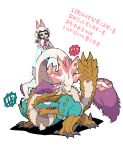  !? absurdres animal_focus blue_eyes chibi claws commentary_request constricted_pupils fang fighting frills green_hair highres holding holding_reins horns ikuchi_osutega long_tail mizutsune mizutsune_(armor) monster_hunter_(series) open_mouth pulling_reins purple_fur reins sharp_teeth simple_background single_horn standing sweatdrop tail teeth translation_request triangle_mouth v-shaped_eyebrows white_background zinogre 