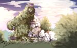  1girl :d absurdres blurry blurry_background cannon chinese_commentary clouds commentary_request full_body grass highres looking_at_viewer merlin_prismriver open_mouth outdoors pink_headwear pzgr.40 short_hair smile solo touhou turret variant_set violet_eyes white_hair 