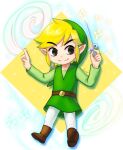  1boy black_eyes blonde_hair brown_footwear full_body green_headwear green_tunic holding_baton link looking_at_viewer pointy_ears sangachie sidelocks smile solo standing the_legend_of_zelda the_legend_of_zelda:_the_wind_waker toon_link wind_waker_(object) 