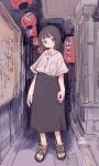  1girl absurdres black_eyes blunt_bangs breast_pocket brown_hair closed_mouth collared_shirt commentary_request full_body grey_shirt highres lantern looking_at_viewer original pocket sandals shirt short_hair short_sleeves skirt solo standing yunoki_itsugu 