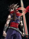  1boy bandaged_arm bandages belt brown_hair indesign looking_at_viewer male_focus ninja plasma_sword red_scarf scarf signature simple_background solo spiky_hair strider_(video_game) strider_hiryuu sword weapon 