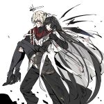  1boy 1girl absurdly_long_hair arknights ascot black_coat black_footwear black_garter_straps black_gloves black_hair black_halo black_pants black_skirt black_sleeves black_thighhighs black_wings bleeding bleeding_from_forehead blood blood_on_clothes blood_on_face blood_on_hands blue_eyes blunt_bangs broken_halo cargo_pants carrying carrying_person cloak closed_eyes closed_mouth coat collared_coat collared_jacket colored_inner_hair commentary_request cousins dark_halo detached_wings doctahmem dot_nose energy_wings executor_(arknights) executor_the_ex_foedere_(arknights) facing_ahead feet_out_of_frame fingerless_gloves floating_hair from_side full_body garter_straps gloves grey_ascot grey_hair hair_between_eyes halo hand_on_another&#039;s_leg hand_on_another&#039;s_shoulder hand_on_another&#039;s_thigh high_collar high_heels highres hime_cut injury jacket korean_commentary layered_sleeves long_hair long_sleeves looking_afar looking_ahead mechanical_halo mechanical_wings messy_hair miniskirt multicolored_cloak multicolored_hair official_alternate_costume pale_skin pants parted_lips pleated_skirt princess_carry red_cloak serious short_hair short_over_long_sleeves short_sleeved_jacket short_sleeves sidelocks simple_background skirt sleeve_cuffs standing strappy_heels teeth thigh-highs two-tone_cloak two-tone_hair unconscious very_long_hair virtuosa_(arknights) walking white_background white_cloak white_jacket wide_sleeves wings zettai_ryouiki 