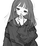  1girl absurdres blunt_bangs earrings finger_to_mouth greyscale half-closed_eyes hand_up head_tilt highres jewelry light_blush long_sleeves looking_at_viewer medium_hair monochrome original simple_background solo sweater upper_body white_background yunoki_itsugu 