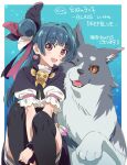  1girl arms_between_legs black_capelet black_thighhighs blue_hair capelet dog earrings fangs feather_hair_ornament feathers genjitsu_no_yohane grey_fur hair_bun hair_ornament hair_ribbon heart heart_earrings highres jewelry lailaps_(genjitsu_no_yohane) long_hair looking_at_viewer love_live! love_live!_sunshine!! miniskirt one_eye_closed open_mouth ribbon scrunchie single_side_bun skirt thigh-highs tokira_nozumi tsushima_yoshiko violet_eyes wrist_scrunchie 