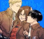  1girl 2boys black_hair blonde_hair blue_background breasts brown_eyes brown_hair brown_jacket closed_eyes commentary_request erwin_smith glasses hange_zoe heart jacket kiss_day levi_(shingeki_no_kyojin) mo_cha_ri multiple_boys one_eye_closed shingeki_no_kyojin small_breasts survey_corps_(emblem) 