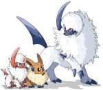  :3 absol alternate_color animal_focus brown_fur claws commentary eevee forehead_jewel green_eyes horns mane no_humans pokemon pokemon_(creature) red_eyes shadow sharp_teeth shiny_pokemon simple_background single_horn solid_oval_eyes sparkle tail teeth uru_(ururu0731) white_background white_fur 