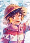  1boy :d artist_name black_hair breath commentary_request earmuffs fur-trimmed_jacket fur_trim girikashi43 hat highres jacket male_focus monkey_d._luffy multicolored_clothes multicolored_jacket one_piece open_mouth red_jacket scar scar_on_face short_hair smile solo straw_hat striped striped_jacket teeth two-tone_jacket upper_body white_jacket winter_clothes 