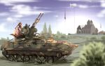 1girl absurdres black_hair blue_sky blurry blurry_background bush caterpillar_tracks chinese_commentary commentary_request dated dress full_body highres houraisan_kaguya long_hair military_vehicle motor_vehicle outdoors pink_dress pink_dresstank pzgr.40 rock signature sky solo tank touhou war_thunder