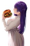  1girl blunt_bangs bright_pupils burger commentary_request cowboy_shot dress fern_(sousou_no_frieren) food from_behind hair_ornament highres holding holding_food kazzan93 long_hair long_sleeves looking_at_viewer purple_hair simple_background solo sousou_no_frieren straight_hair violet_eyes white_background white_dress 