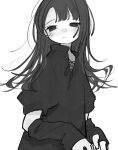  1girl absurdres arm_warmers blush closed_mouth cross-laced_clothes greyscale half-closed_eyes highres long_hair looking_to_the_side monochrome original shirt short_sleeves simple_background solo upper_body v-neck white_background yunoki_itsugu 