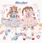  2girls :o angel_print angel_wings artist_name bag bandaged_leg bandages bloomers blue_bow blue_bowtie blue_dress blue_footwear blue_ribbon blunt_bangs blush_stickers bow bow_choker bow_legwear bowtie braid brown_eyes brown_hair butterfly_net center_frills choker clouds collared_shirt crescent_print cross-laced_clothes cross-laced_dress cross-laced_top cross_print dress english_text eyelashes eyeshadow floral_print flower footwear_bow frilled_choker frilled_dress frilled_hat frilled_shirt_collar frills full_body hair_bow hair_ornament hand_net hand_up hat heart heart_hair_ornament heart_print highres holding holding_butterfly_net holding_pillow holding_star lace-trimmed_dress lace_trim leg_ribbon lolita_fashion long_hair long_sleeves looking_at_viewer makeup mary_janes multiple_girls multiple_hair_bows nail_polish notice_lines nurse_cap one_eye_closed open_mouth original petticoat pill_bottle pillow pink_bag pink_bow pink_bowtie pink_dress pink_flower pink_ribbon pink_rose polka_dot_bag pom_pom_(clothes) puffy_long_sleeves puffy_sleeves putong_xiao_gou rabbit red_eyeshadow red_footwear red_lips red_nails ribbon ribbon_legwear rose rose_print shirt shoes shoulder_bag single_sidelock sleeve_bow sleeveless sleeveless_dress socks star_(symbol) star_print striped tote_bag twin_braids twintails vertical_stripes waist_bow wavy_mouth white_background white_bag white_bloomers white_bow white_choker white_headdress white_headwear white_leg_warmers white_shirt white_socks white_wings wing_hair_ornament winged_legs wings 