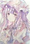  1girl absurdres blue_bow blunt_bangs bow bun_cover commentary crescent dress frills hair_bow hat highres kamu_kotan long_hair looking_at_viewer mob_cap patchouli_knowledge portrait purple_dress purple_hair red_bow touhou traditional_media violet_eyes 