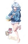  1girl absurdres ahoge alternate_costume barefoot blue_eyes blue_hair blue_hoodie blush fingernails food furina_(genshin_impact) genshin_impact hair_between_eyes highres holding_pan hood hoodie legs light_blue_hair long_sleeves naruka_(ynarukay) pasta short_hair shorts sidelocks simple_background solo standing standing_on_one_leg toenails toes tomato_sauce white_background white_shorts 