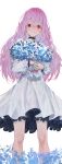  1girl abi_(user_nzav7333) absurdres atsuko_(blue_archive) blue_archive blush bouquet closed_mouth dress feet_out_of_frame frilled_dress frills hair_between_eyes highres holding holding_bouquet long_hair looking_at_viewer pink_hair puffy_short_sleeves puffy_sleeves red_eyes short_sleeves simple_background smile solo white_background white_dress 