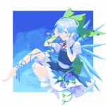  1girl 2conut absurdres aqua_eyes aqua_hair aqua_ribbon bandaged_arm bandaged_head bandages barefoot blue_background blue_dress border bow cirno collared_shirt dress flower full_body green_bow hair_bow hands_up highres ice ice_wings leaf leg_ribbon looking_at_viewer neck_ribbon patch pinafore_dress plant red_ribbon ribbon shirt short_dress short_hair short_sleeves sleeveless sleeveless_dress socks solo touhou vines white_border white_shirt wings 