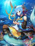  1girl air_bubble bare_shoulders black_sleeves blue_hair bubble coral_hair_ornament coral_reef detached_sleeves fish light_blue_hair mermaid monster_girl moranin original ribbon short_hair solo underwater yellow_eyes yellow_ribbon 