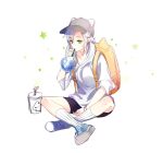  1girl backpack bag baseball_cap black_shorts bubble_blowing drink eiyuu_densetsu fie_claussell green_eyes grey_headwear hat indian_style kneehighs sen_no_kiseki sen_no_kiseki_iv shirt shorts sitting soap_(user_kghh4755) socks solo white_hair white_shirt white_socks yellow_bag 