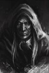  1boy artist_name cloak close-up graphite_(medium) greyscale hood hooded_cloak long_hair looking_at_viewer malcador_the_sigillite monochrome old old_man portrait signature simple_background solo traditional_media tube veronica_anrathi warhammer_40k 