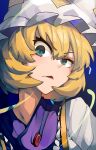  1girl blonde_hair blue_eyes commentary green_eyes highres looking_at_viewer onionmay open_mouth short_hair slit_pupils solo symbol-only_commentary touhou upper_body white_headwear yakumo_ran 