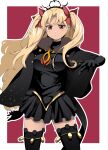  1girl absurdres black_cape black_dress black_gloves black_thighhighs blonde_hair blush border cape closed_mouth commentary_request dark-skinned_female dark_skin dress ereshkigal_(fate) ereshkigal_alter_(fate) fate/grand_order fate_(series) fur-trimmed_cape fur_trim gloves hair_ribbon highres long_hair long_sleeves looking_at_viewer outside_border parted_bangs red_background red_eyes red_ribbon ribbon simple_background solo tanuki_(siutkm0228) thigh-highs two_side_up very_long_hair white_border 