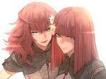  2girls black_capelet blunt_bangs capelet closed_mouth devola flower green_eyes hair_flower hair_ornament highres light_particles looking_at_viewer medium_hair multiple_girls nier:automata nier_(series) open_mouth popola portrait redhead shirt shuangtang_shuimu siblings sisters straight_hair twins wavy_hair white_background white_shirt yellow_flower 