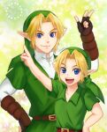  1boy :d artist_name belt blonde_hair blue_eyes brown_gloves earrings fingerless_gloves gloves green_tunic hand_on_own_hip jewelry link looking_at_viewer male_focus multiple_views pointy_ears sangachie short_sleeves smile the_legend_of_zelda upper_body young_link 