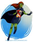  1girl alien cape colored_skin dc_comics gloves green_skin long_hair miss_martian paper-rabbit redhead solo superhero young_justice 
