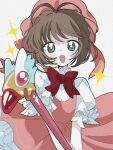  1girl antenna_hair blush bow bowtie brown_hair cardcaptor_sakura dress fuuin_no_tsue green_eyes holding holding_wand kinomoto_sakura looking_at_viewer open_mouth pink_dress pink_headwear red_bow red_bowtie short_hair smile solo sparkle tabun_ningen upper_body wand 