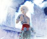  1boy blonde_hair blue_eyes closed_mouth clouds cofffee final_fantasy final_fantasy_xii gloves male_focus short_hair smile solo vaan vest 