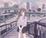  1girl absurdres black_skirt bridge brown_hair building city closed_mouth clouds collared_shirt commentary_request day grey_shirt highres long_hair looking_at_viewer original outdoors railing shirt skirt sky solo stairs standing tree yunoki_itsugu 