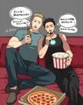  2boys arc_reactor avengers_(series) bare_shoulders bed beer_bottle black_hair black_pants black_tank_top blonde_hair blue_eyes blue_pants blue_shirt blush bottle brown_eyes closed_mouth collarbone covered_collarbone crossed_legs facial_hair food grey_background grey_footwear hand_on_another&#039;s_shoulder hands_up holding holding_bottle holding_food looking_at_viewer male_focus marvel multiple_boys on_bed open_mouth pants pillow pizza pizza_box popcorn shirt shoes short_hair short_sleeves simple_background sitting sparkle speech_bubble steve_rogers sweatdrop t-shirt tank_top teeth tongue tony_stark translation_request yukko93 