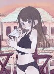  1girl absurdres bikini black_bikini black_eyes brown_hair building chair cup disposable_cup drinking_straw drinking_straw_in_mouth highres holding holding_cup long_hair looking_at_viewer original outdoors solo swimsuit table yunoki_itsugu 