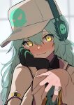  1girl absurdres antonina_(neural_cloud) aqua_hair baseball_cap black_gloves blurry blurry_background blush commentary girls&#039;_frontline_neural_cloud girls_frontline gloves hat headphones highres jewelry long_hair messy_hair ring ryunosuke_nikaido single_glove skull_print symbol-only_commentary upper_body wedding_ring yellow_eyes 