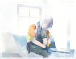  1boy blue_eyes closed_mouth cofffee final_fantasy final_fantasy_xiii gloves hope_estheim looking_at_viewer male_focus short_hair sitting white_hair window 